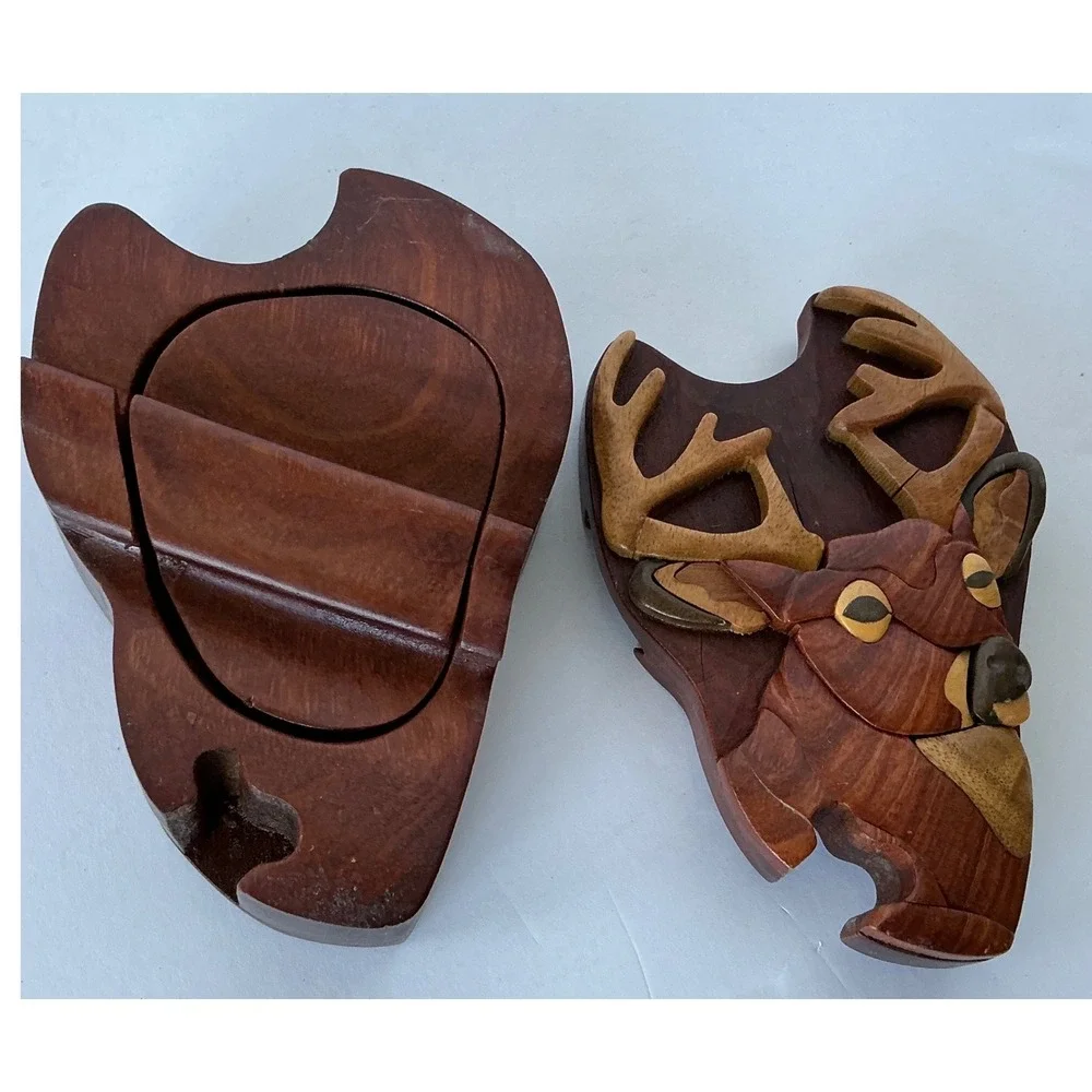 Vintage Buck Head Puzzle‎ Box Wooden Intarsia Deer Trinket Hidden Compart